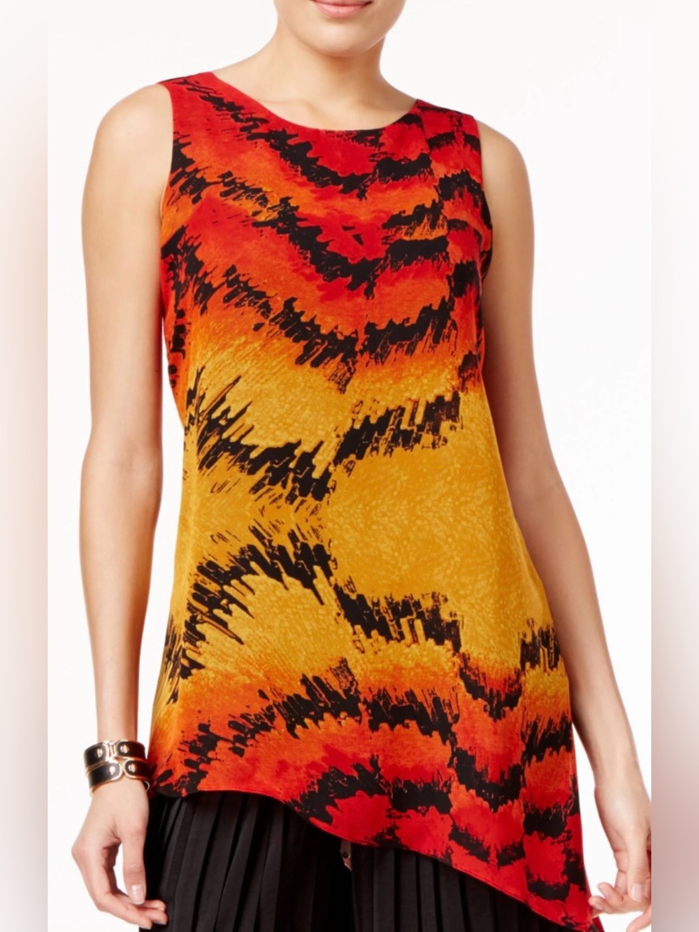 Joseph A Sleeveless Tunic Red Feather Frenzy print XL. Asymmetrical hem. Nice!